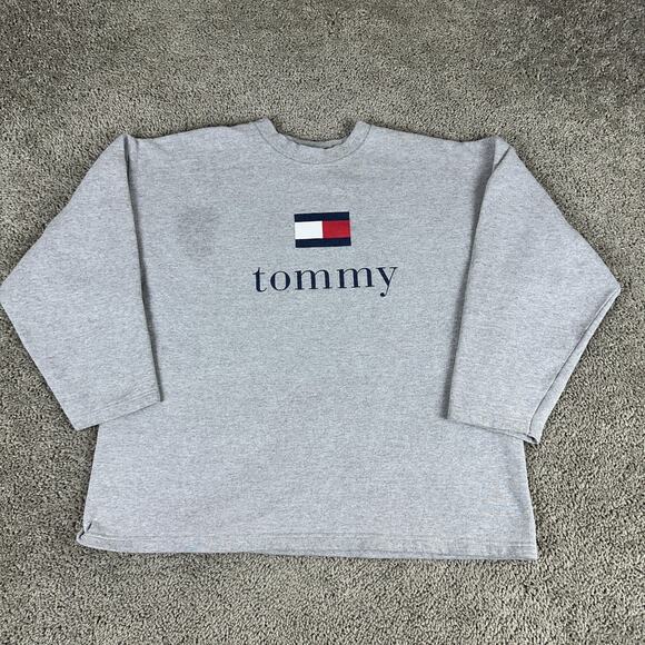 VTG Tommy Hilfiger Sweatshirt Mens XL Gray Crewneck Flag Logo Spell Out Fleece - Picture 1 of 11